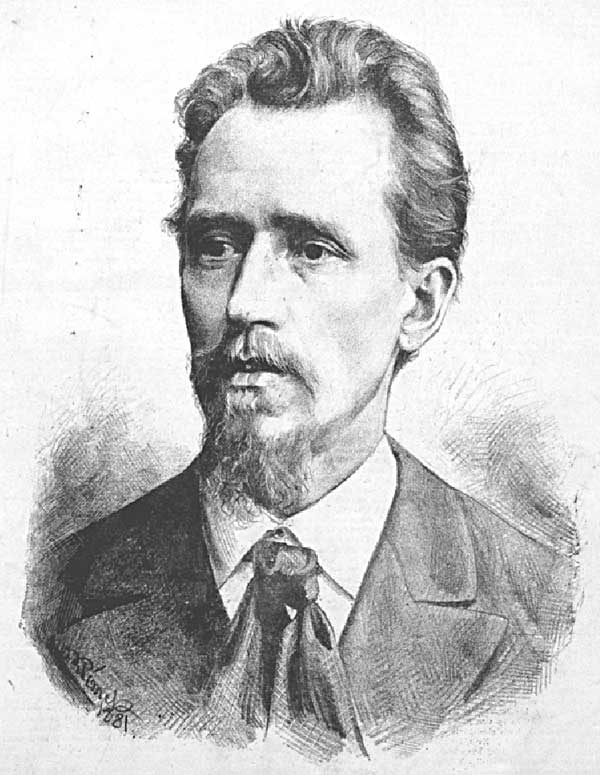 Josef Václav Sládek na kresbě Jana Vilímka (Humoristické listy, roč. 1881).