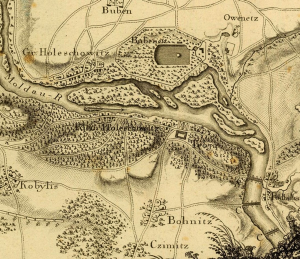 Místo bitvy na historickém plánu. Tři pontonové mosty na místě bitvy, orientováno jižně (2. pol. 18. století, Národní knihovna).