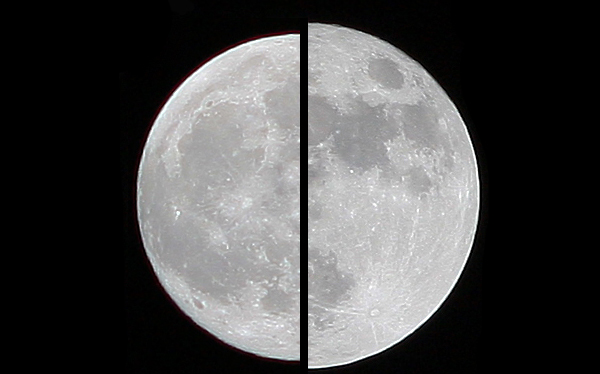 Srovnání průměru superměsíce z 19. března 2011 (vpravo) vůči běžnému úplňku z 20. prosince 2010 (vlevo)