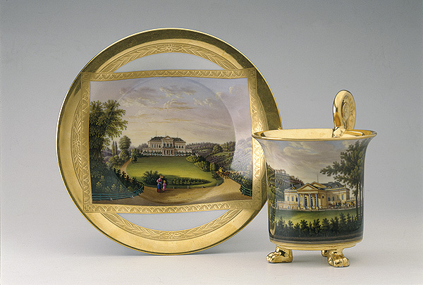 Koflík s miskou s pohledy na letohrádek Kinských na Smíchově, Lippert & Haas, Slavkov 1831