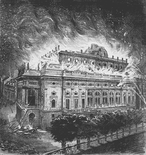 Požár Národního divadla, dobová ilustrace z Humoristických listů (zdroj: wikipedia.org)